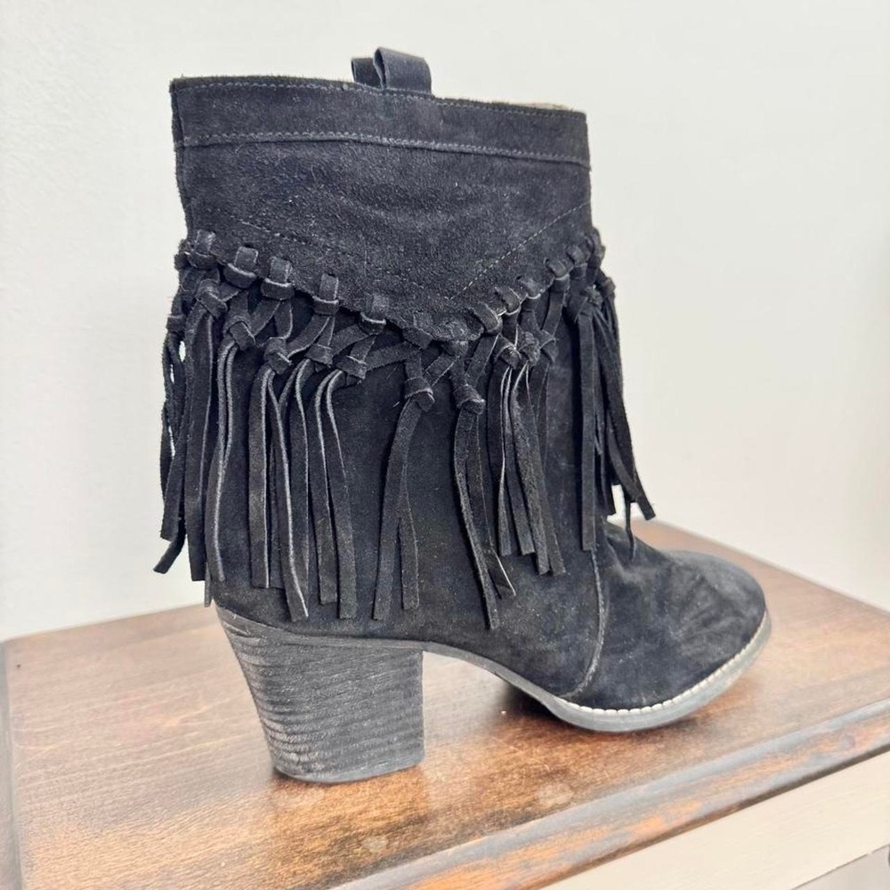 Black fringe suede ankle heel boot size 8.5 western boho leather moto
